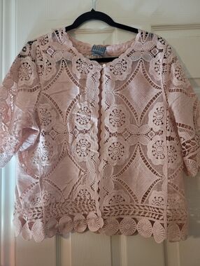 Pale Pink Crochet Lace Open Cardigan